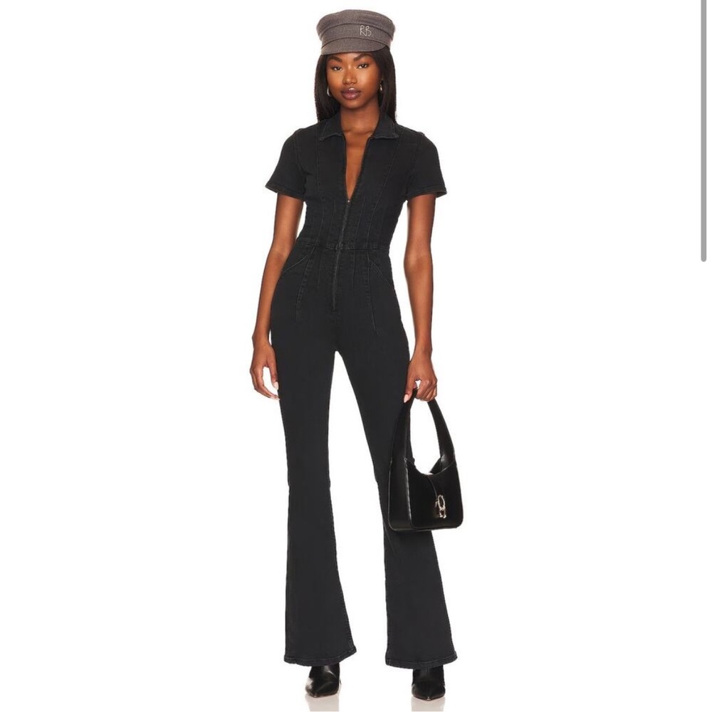NWT Free People Jayde Point Collar Short Sleeve Flared Leg Jumpsuit Black Mamba